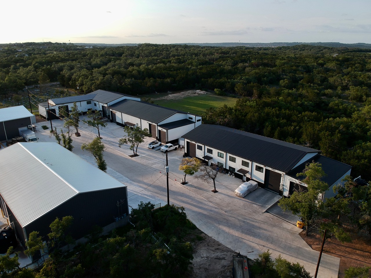 Aerial view of commercial buildings in the Texas Hill Country